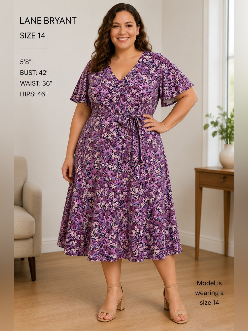 Lane Bryant 14 Purple Pink Floral Fit & Flare Midi Dress Tie Back Flutter Sleeve
